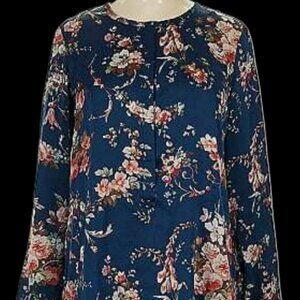 Go by Go Silk 100% Silk Navy Floral Blouse - Semi Button-Up, Raw Edges, Long Sle